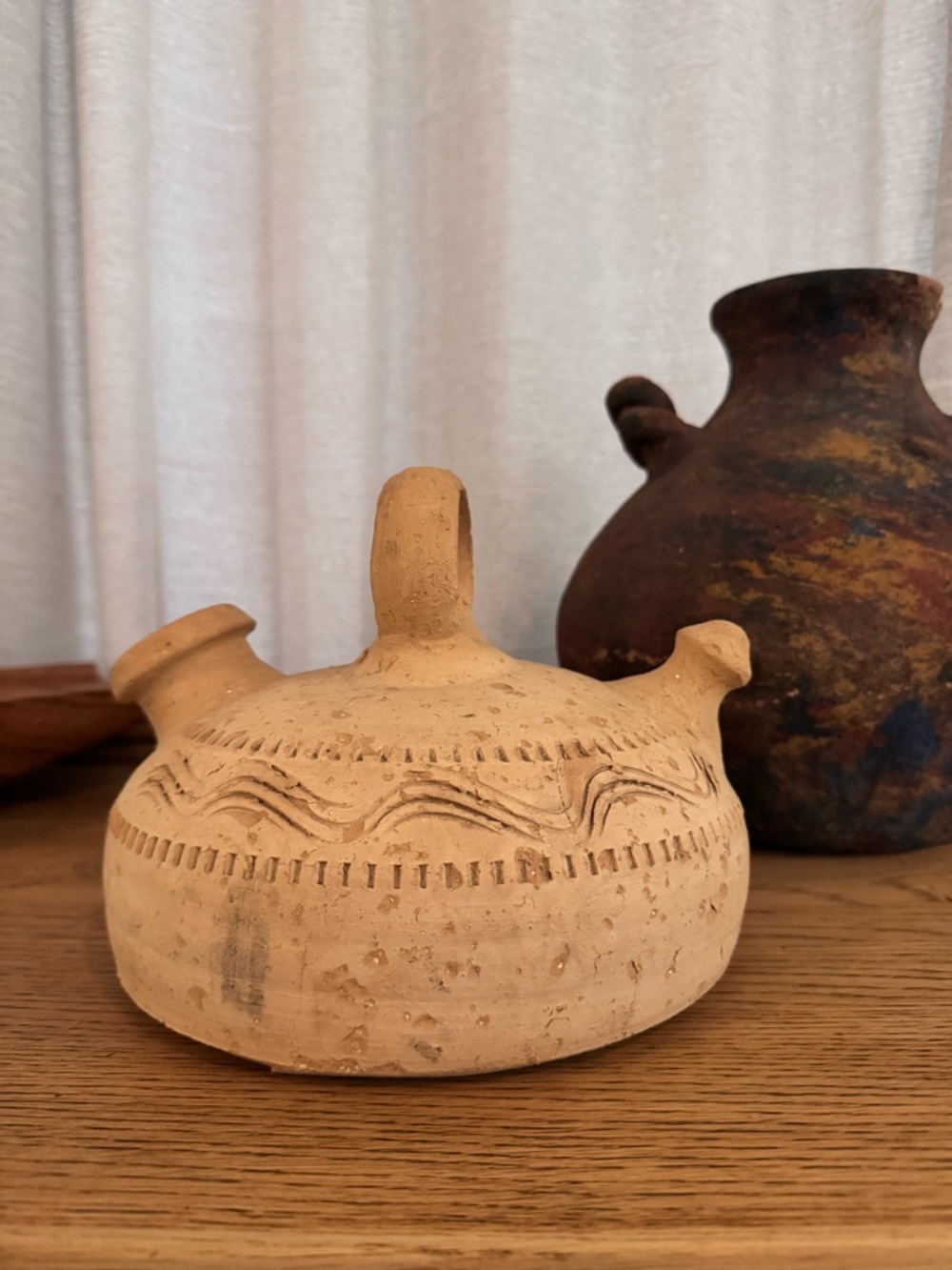 Primitive Terracotta Vessel Botijo Inspired Sculptural Folk Pottery